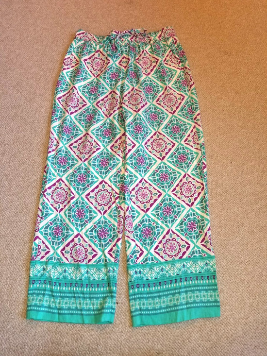 Talbots Pants - Womens Pants-TALBOTS-white/turquoise/purple gauzy pull-on harem Resort Beachy-PS